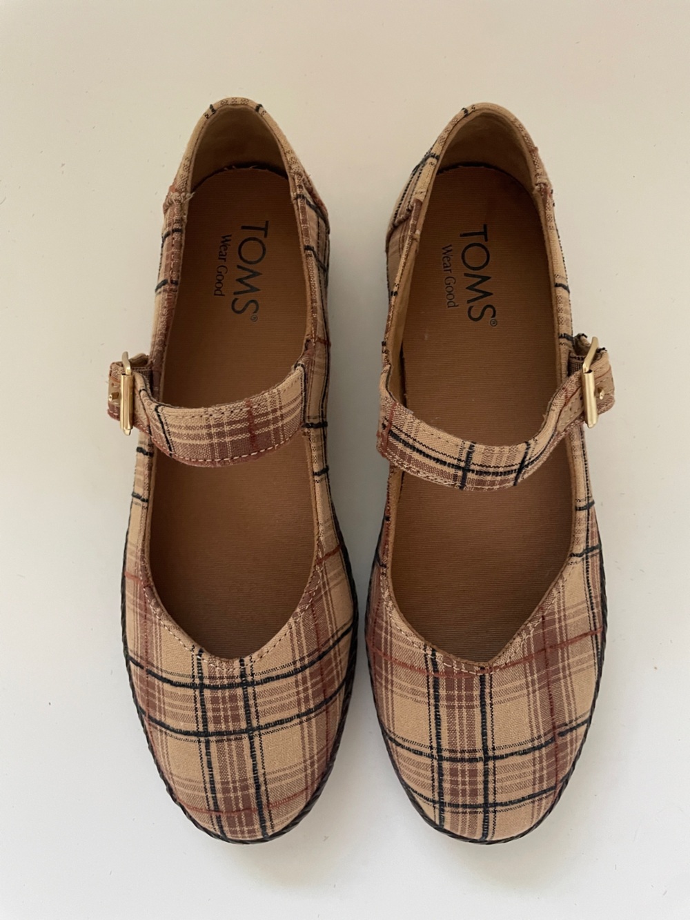 TOMS Women's Carolina Mary Jane Espadrille Toffee Textured Plaid Size 7.5